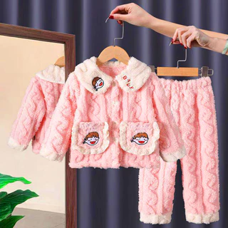 สาวฤดูหนาวชุดนอนผ้าฝ้ายสามชั้น Padding Flannel Loungewear ความร้อนชุดนอนเด็ก