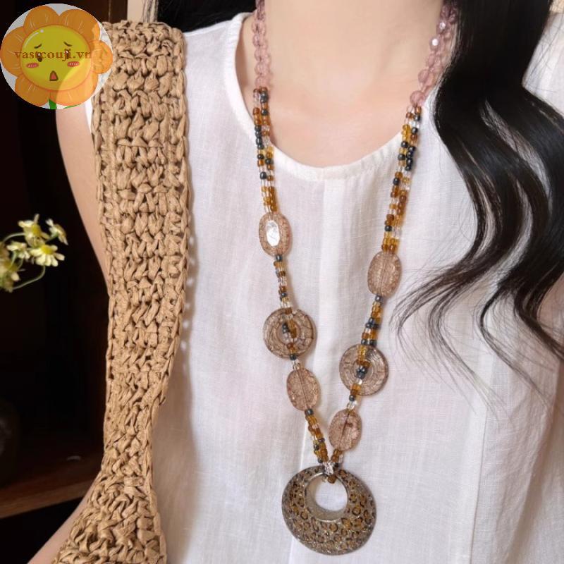 VASTJI ชาติพันธุ์ Sle รอบเรซิ่นเสือดาวเสื้อกันหนาวยาวสร้อยคอ Retro จี้คริสตัลหญิงเครื่องประดับคออุปก