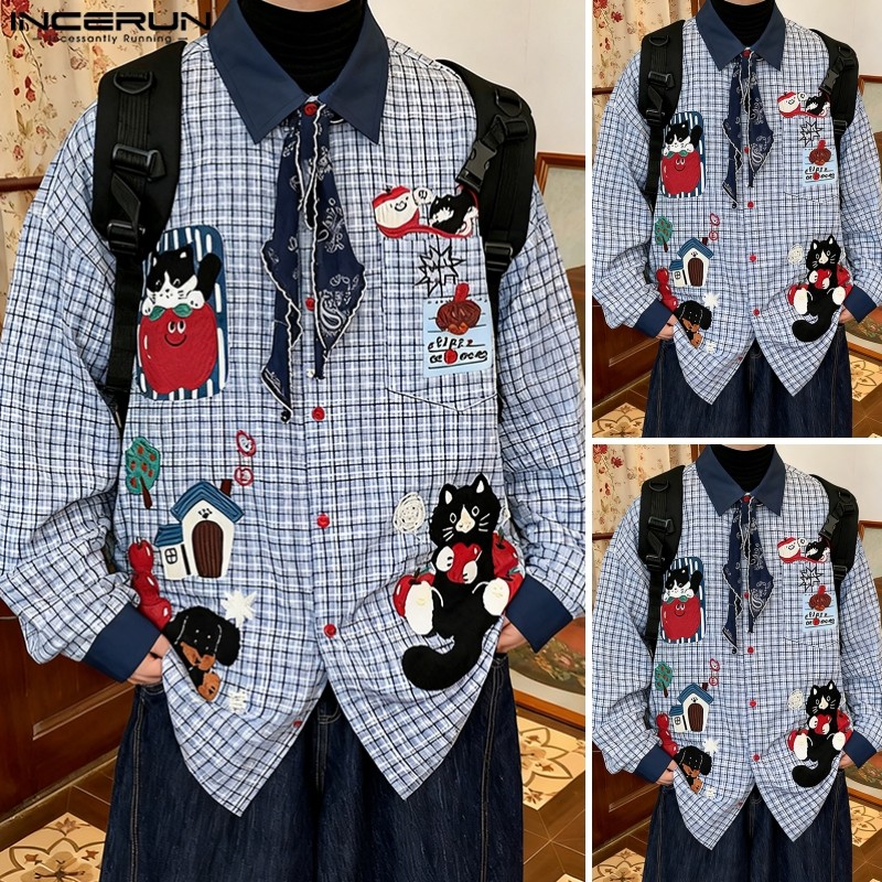 INCERUN เสื้อเชิ้ตผู้ชาย สไตล์เกาหลี แขนยาว พิมพ์ลายตาราง - รูปที่ 2