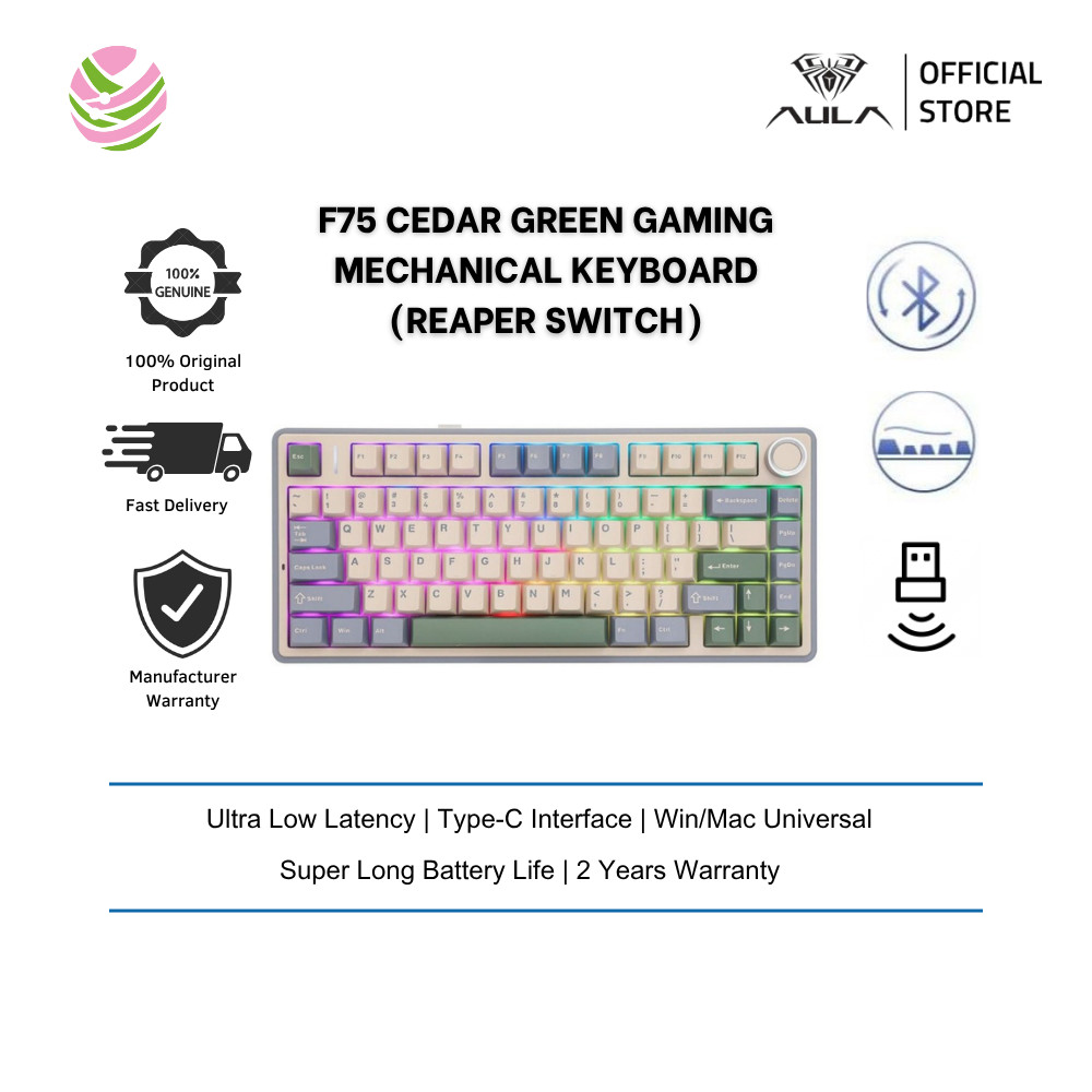 AULA F75-CEDAR-GREEN Mechanical Gaming Keyboard 75% 80 Key RGB Tri-Mode Wired Bluetooth Hot-swappabl