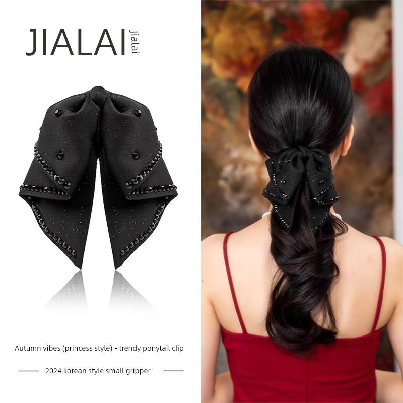 คริสตัลสีดําซาตินโบว์คว้าคลิปผู้หญิงความรู้สึกสูงอารมณ์ต่ําคลิปผมหางม้ากิ๊บด้านหลังหัวคลิป Headwearg