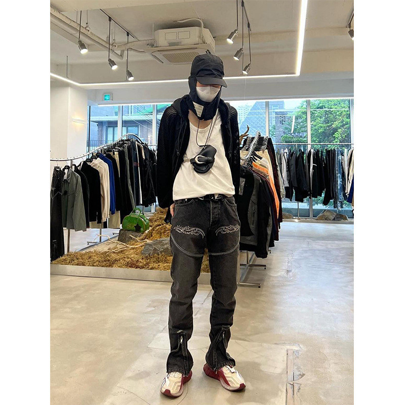 YTG8 MEANTIME 2023New Casual Pants American High Street Embroidered Zipper Convertible Flared Jeans 