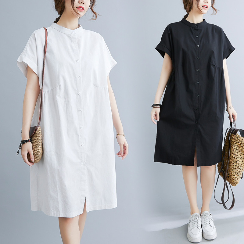 ชุดเดรสแขนสั้นสีดำและเสื้อเชิ้ตสีขาวยาวระดับเข่า สำหรับทุกไซส์