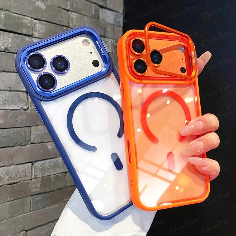 เคสโทรศัพท์หรูใสพร้อมที่ป้องกันกล้องและที่ยึด แม่เหล็ก ชาร์จไร้สาย ใช้ได้กับ iPhone 17 11 16 15 14 13 12 Pro Max Air Plus ทำจากอะคริลิคแข็ง เคสใสกันกระแทก ปกป้องด้านหลัง สวยงาม