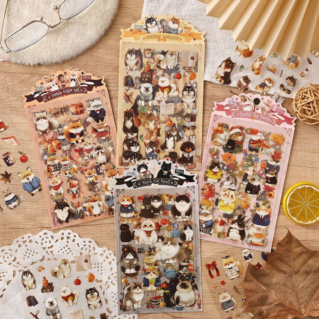 4 แผ่น Kawaii สติกเกอร์ชุดน่ารัก PET โปร่งใสการ์ตูนแมวสุนัขสัตว์ตกแต่งสมุดภาพสติกเกอร์สําหรับ Bullet Journaling DIY ศิลปะหัตถกรรมอัลบั้ม Planners Junk Journal