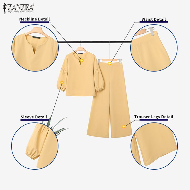ZANZEA ชุดลำลองสำหรับผู้หญิง แขนยาว 3/4 และกางเกงขาบาน สไตล์เกาหลี ราคา ถูกที่สุด ดีลบีเคเค แกลเลอรีภาพที่ 7