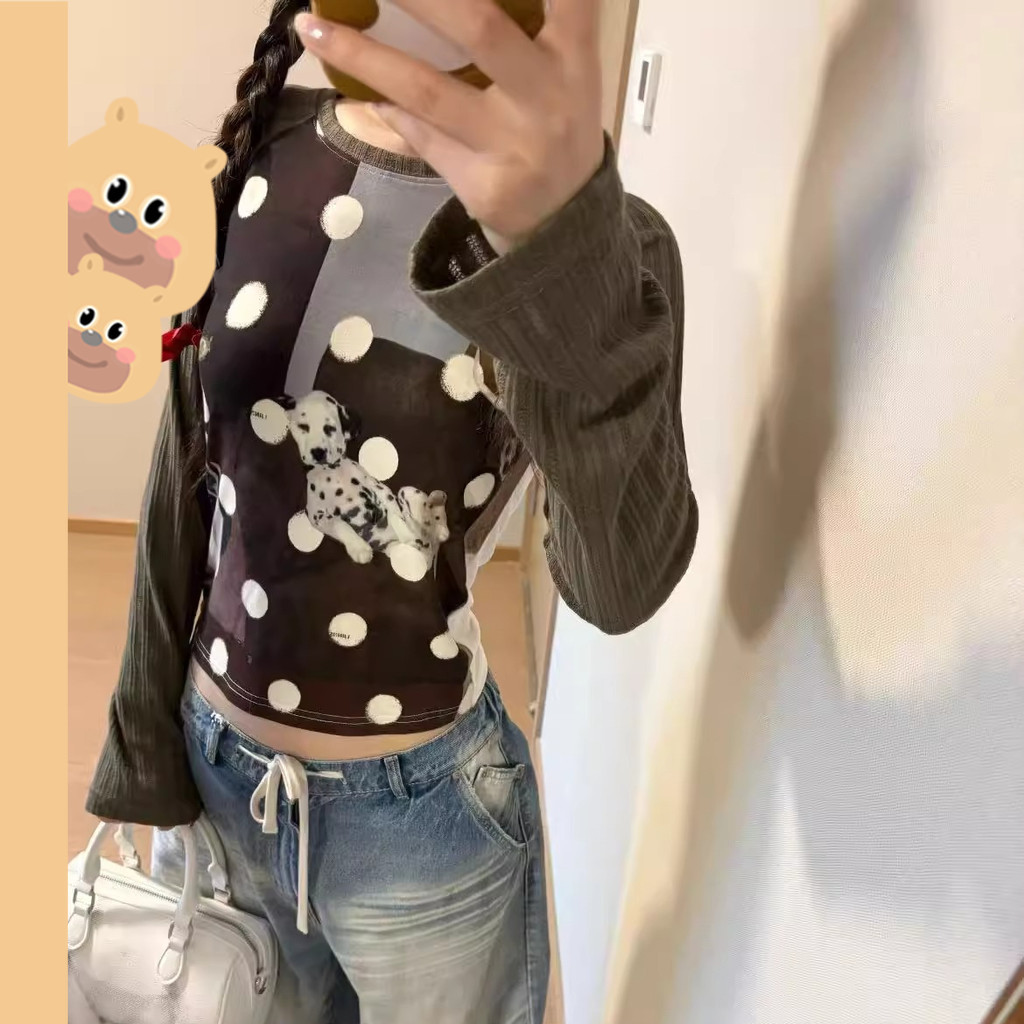 🎀bearbra🎀Retro Polka Dot เสื้อยืดแขนยาวสำหรับผู้หญิง ตัดเย็บสไตล์contrastสีเหมาะทุกลุค ฤดูใบไม้ร่วง