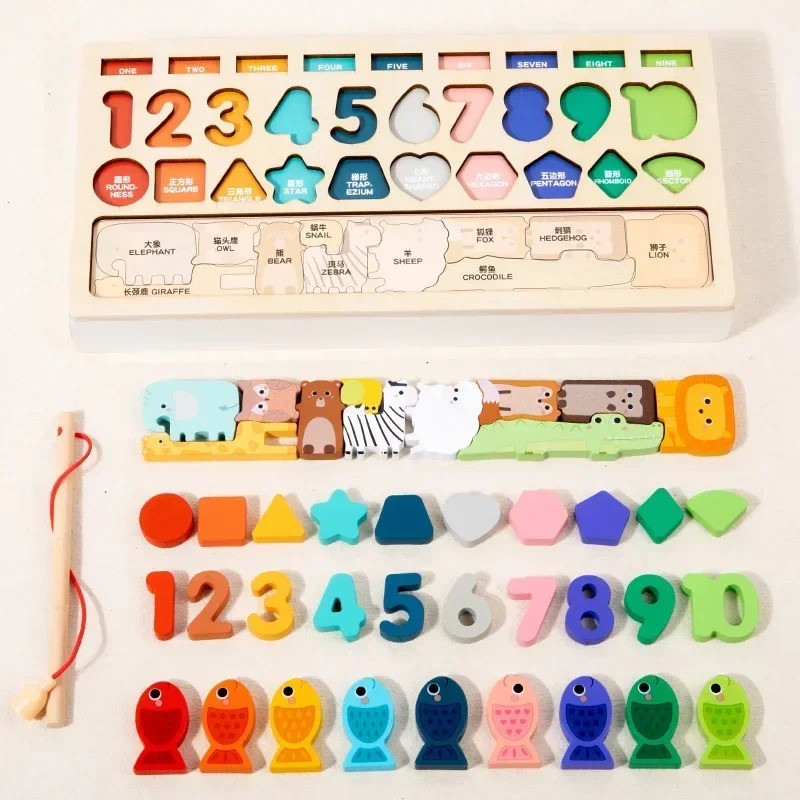 Kids Montessori Math Toys for Toddlers Educational Wooden Puzzle Fishing Toys Count Number Shape Mat