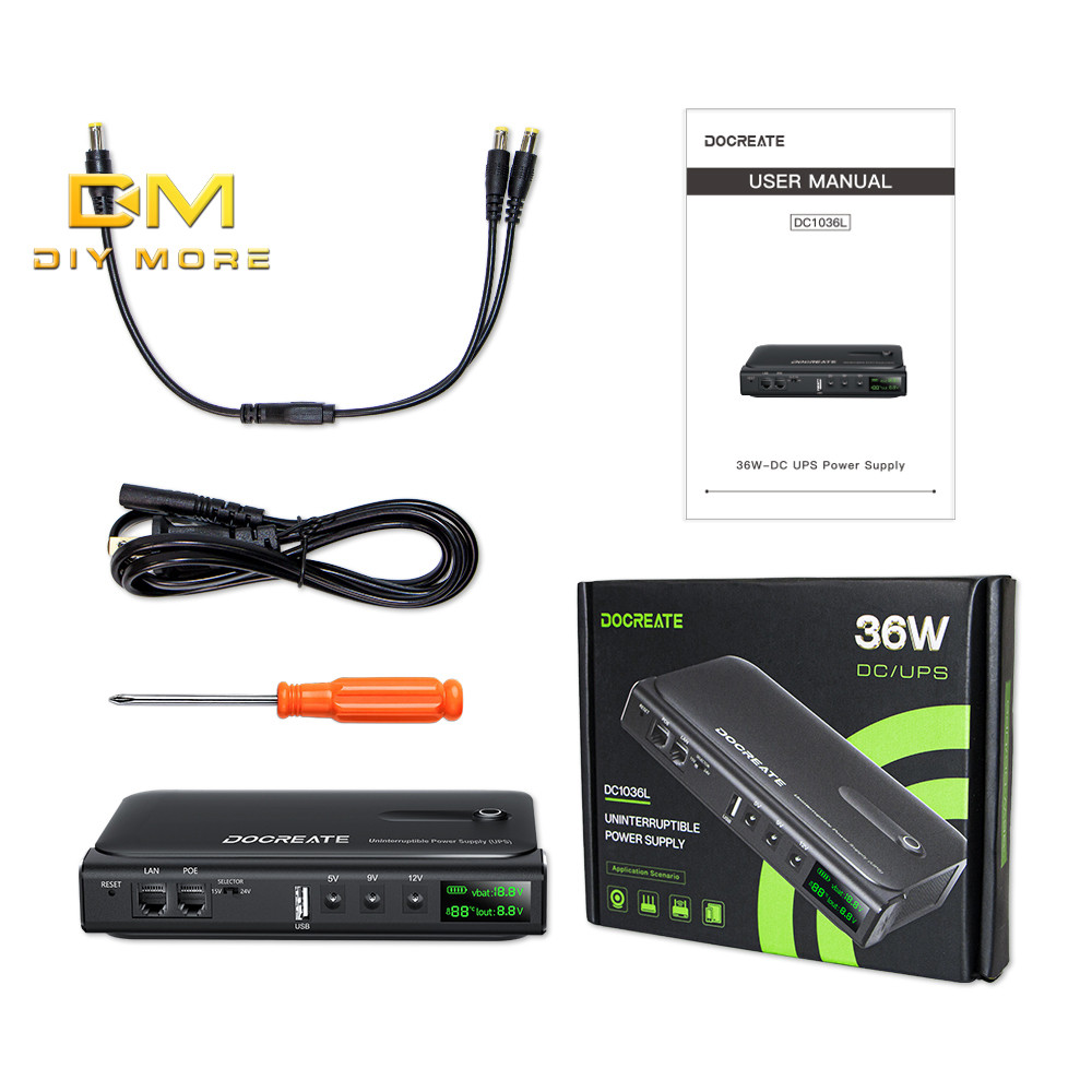DIYMROE DC1036L 36W 5V9V12V/15V/24V ดิจิตอล UPS เครื่องสํารองไฟป้องกันย้อนกลับ 18650 หลายสเปคในครัวเรือนแบบพกพา router