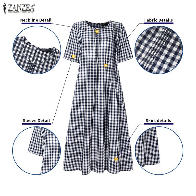ZANZEA ชุดเดรสคอกลมแขนสั้นลายสก๊อตแบบ Midi สําหรับผู้หญิง - รูปที่ 5