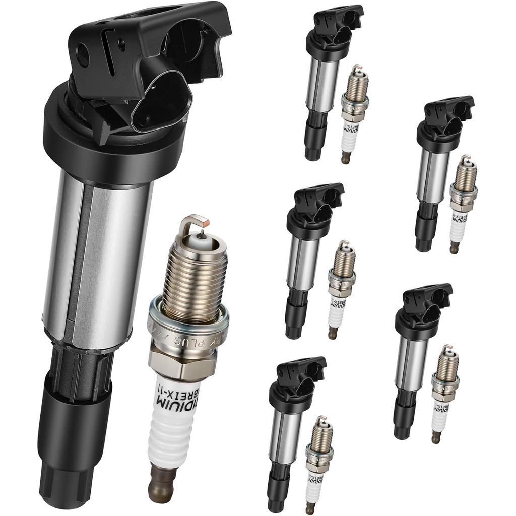 6-Pack UF522 คอยล์จุดระเบิด & 4504 หัวเทียนเข้ากันได้กับ BMW X3/X5/Z4/320i/325i/325xi/325Ci/330Ci/33