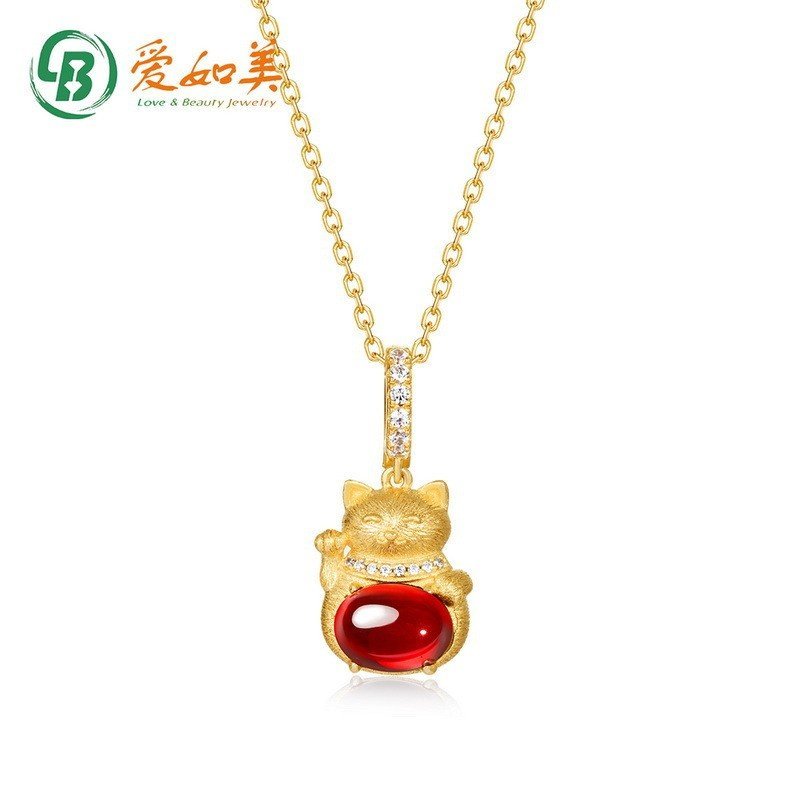 สร้อยคอ Clavicle Chain Lucky Cat Niche สร้อยคอจี้ Original Design S925 การออกแบบโกเมนฝังหินน่ารักเงิ