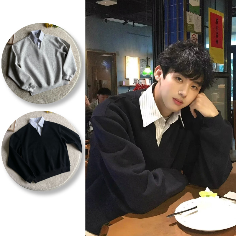 เสื้อกันหนาวผู้ชายสไตล์ญี่ปุ่นฮาราจูกุ ทรงเท่ห์ มีปกปลอม ขายเป็นเซ็ทสองชิ้น