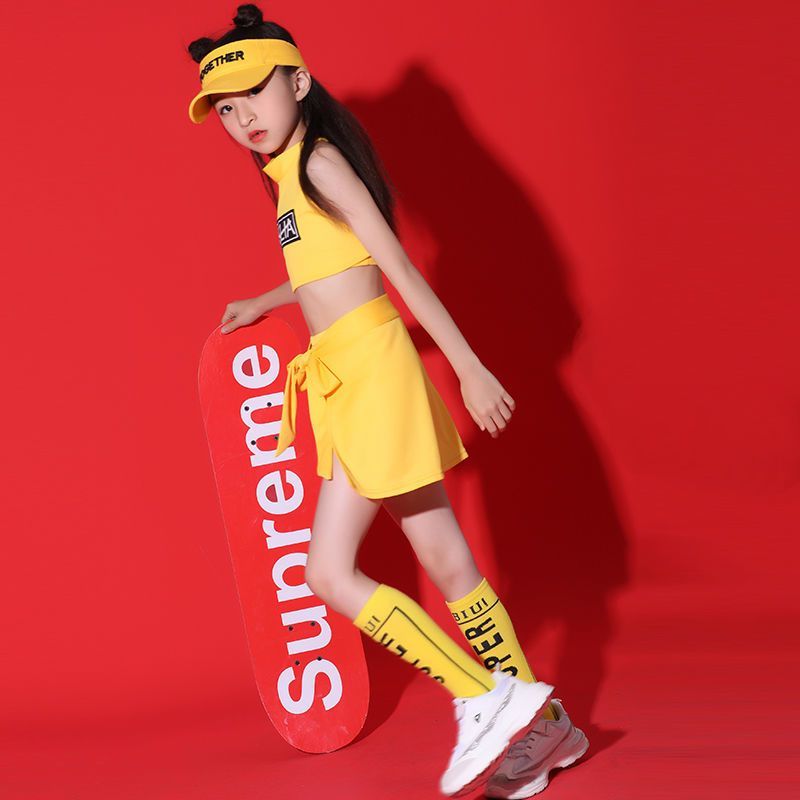 เด็กเชียร์ลีดเดอร์เต้นรําเครื่องแต่งกายเวอร์ชั่นเกาหลีตัดสะดือเด็กฮิปฮอปถนนเต้นรําแจ๊สเต้นรําเครื่อง