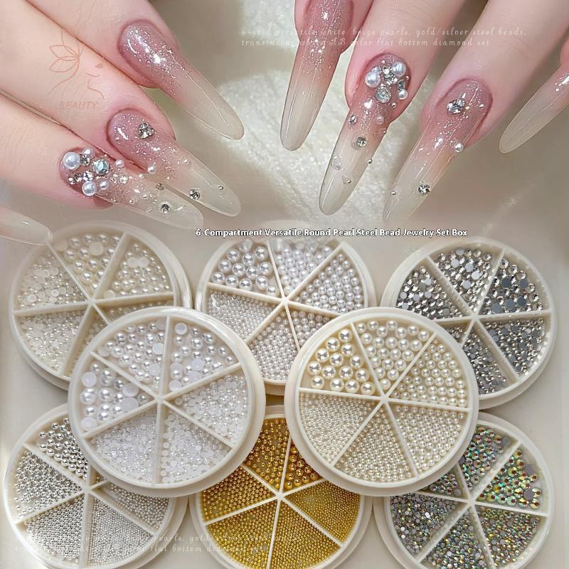 [maybeauty] 6 กริดผสมไข่มุกสแตนเลสขนาดเล็กคาเวียร์ลูกปัดเล็บ Rhinestones ตกแต่งเล็บ Silver Gold Charm เจลโปแลนด์เคล็ดลับอุปกรณ์แต่งเล็บ {TH}
