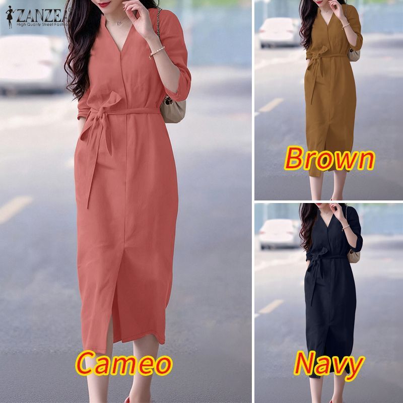 ZANZEA ชุดเดรสยาวสไตล์เกาหลีสำหรับผู้หญิง เหมาะสำหรับการทำงานในออฟฟิศ - รูปที่ 2