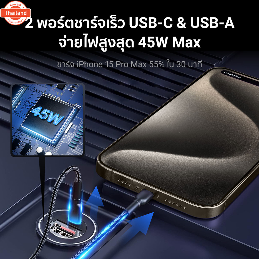 priceพิเศษ 399 . ZTEC Car Charger 45W หัวชาร์จในรถ 2 พอร์ตชาร์จ รองรัชาร์จเร็ว PD3.0 , QC4.0 กะทัดรั