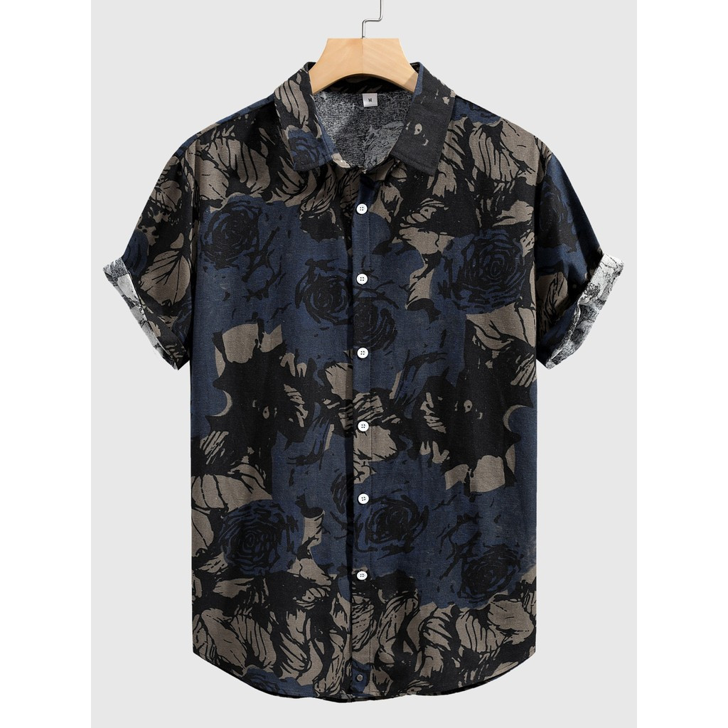 เสื้อเชิ้ตผู้ชายลายดอกไม้ทรงหลวม แขนสั้น คอกลม มีกระดุม ระบายอากาศได้ดี เหมาะสำหรับใส่ในฤดูร้อน