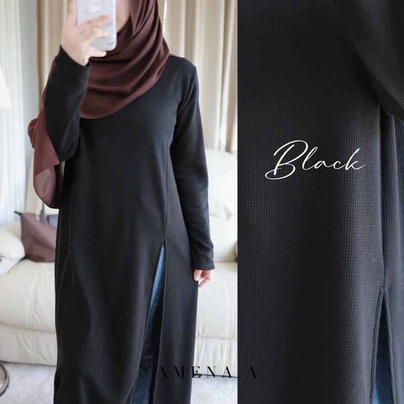 Cazira เสื้อยืดตัวยาว ดีเทลผ่าข้าง (เนื้อผ้ายืดวาฟเฟิล) ฟรีไซส์ งานป้าย Amena.a