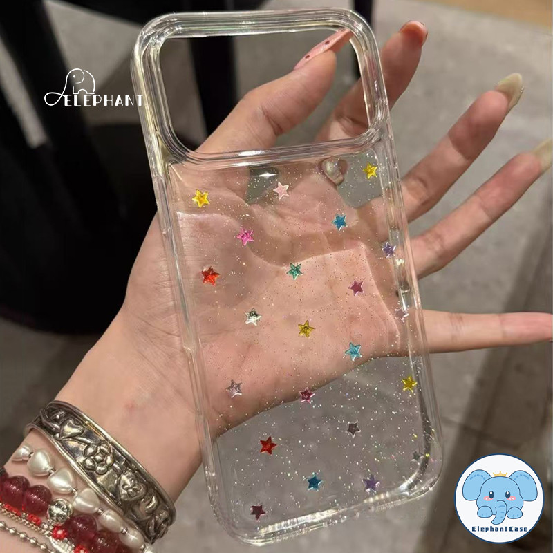 น่ารักครีมหมี17 สำหรับ IPhone XR 17 16 Air 15 12 13 11 14 Pro Max X XS 7 8 Plus เคสใส แป้งกลิตเตอร์ดาวหลากสีสุดอินเทรนด์