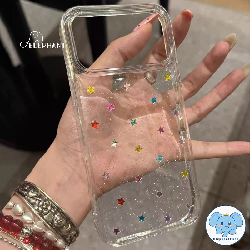 น่ารักครีมหมี17 สำหรับ IPhone XR 17 16 Air 15 12 13 11 14 Pro Max X XS 7 8 Plus เคสใส แป้งกลิตเตอร์ดาวหลากสีสุดอินเทรนด์