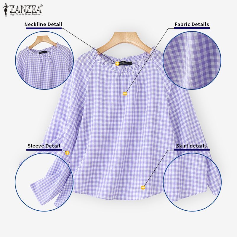 ZANZEA ซานเซีย เสื้อลายสก๊อตแขนยาวแบบหลวม ดีไซน์เกาหลี กระหันคอด้านชัดเจน สำหรับผู้หญิง - รูปที่ 5