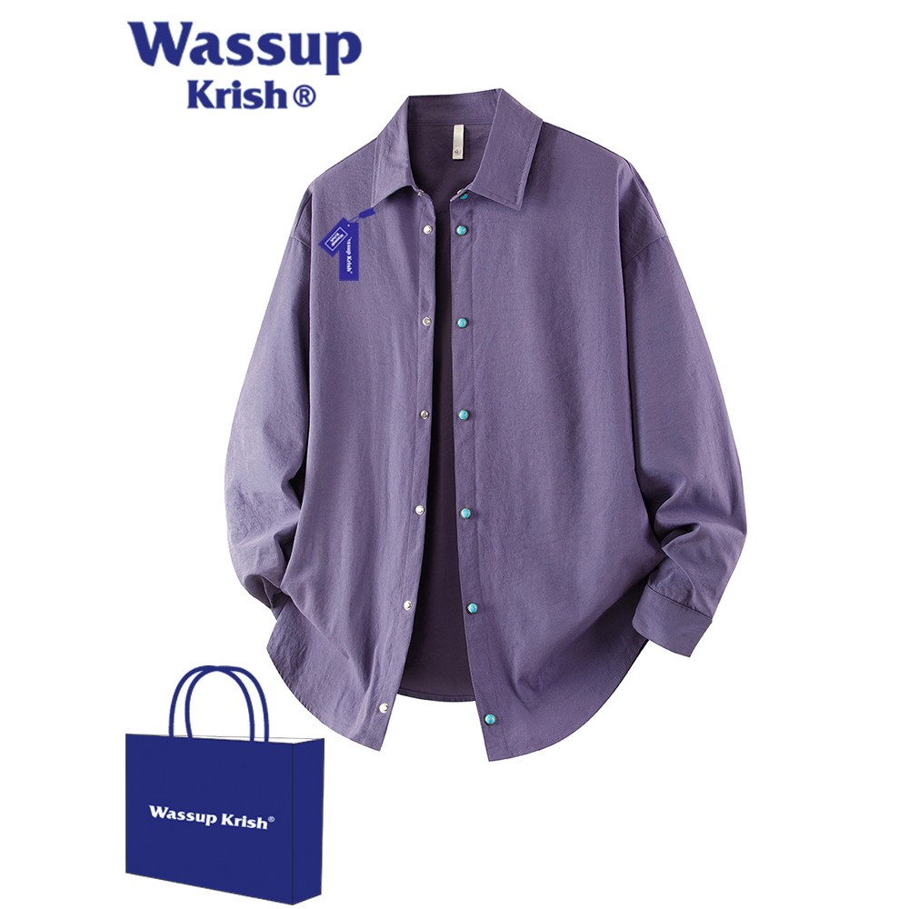 WASSUP KRISH สีม่วงเสื้อเชิ้ตแขนยาวเรียบง่ายผู้ชายฤดูใบไม้ผลิ 2026 เสื้อแจ็คเก็ตเสื้อหลวมพร็อพสไตล์ใ