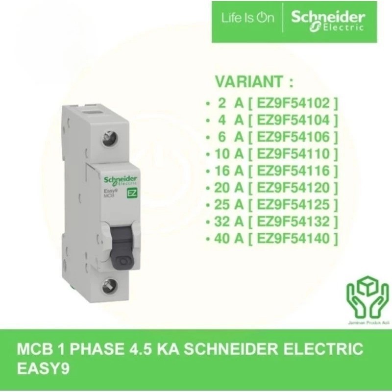 Schneider MCB Easy9 (1P) 2A, 4A, 6A, 10A, 16A, 20A, 25A, 32A, 40A 4.5kA SNI - MCB Schneider Easy9 1 