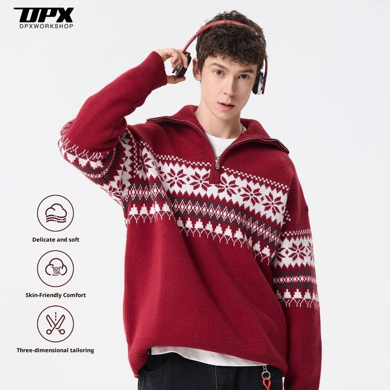 ERSHENSHI American Retro Fairisland Jacquard Sweatshirt Half Zipper