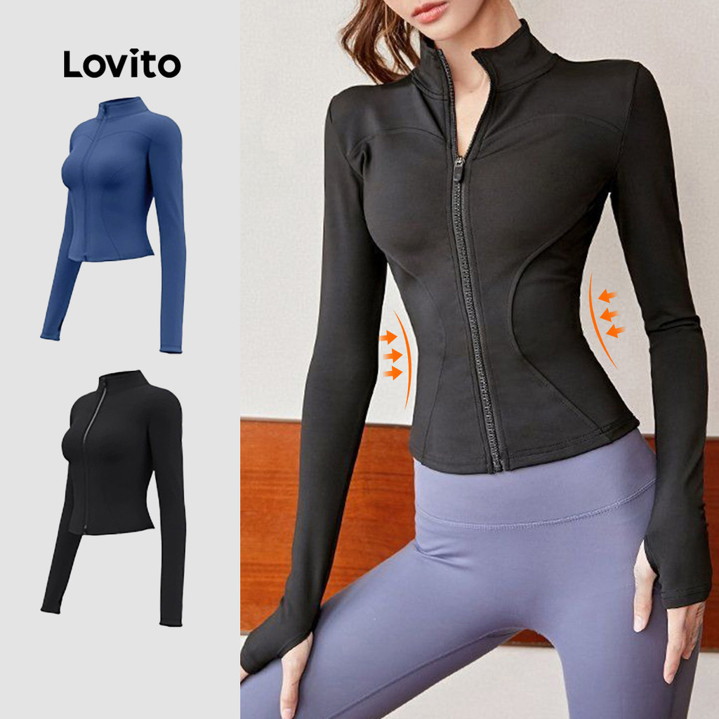 Lovito เสื้อคลุมกีฬา สปอร์ต คาซุย ควบคุมหน้าท้อง ฟิตเนส สำหรับวิ่ง โยคะ ปิคเคิลบอล สำหรับหญิง LNA109025