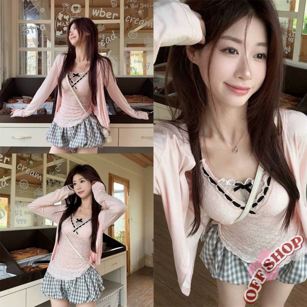 OFF SHOP 🥻ใหม่ 2025 เสื้อคลุมไหมพรม/สายเดี่ยว สไตล์เกาหลีเรียบง่าย แต่งขอบลูกไม้' FY968/FY969