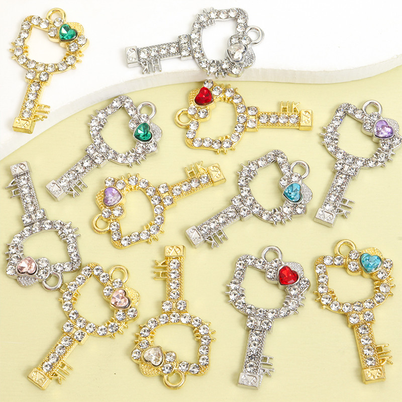 10pcs Sparkling Rhinestone Inlay KT Cat Avatar กรอบ Key Shape Charms น่ารักสร้อยคอต่างหูพวงกุญแจเข็มกลัด DIY Hollow Love Heart โบว์ลูกแมวหัวจี้,สาวหวานอุปกรณ์เสริม