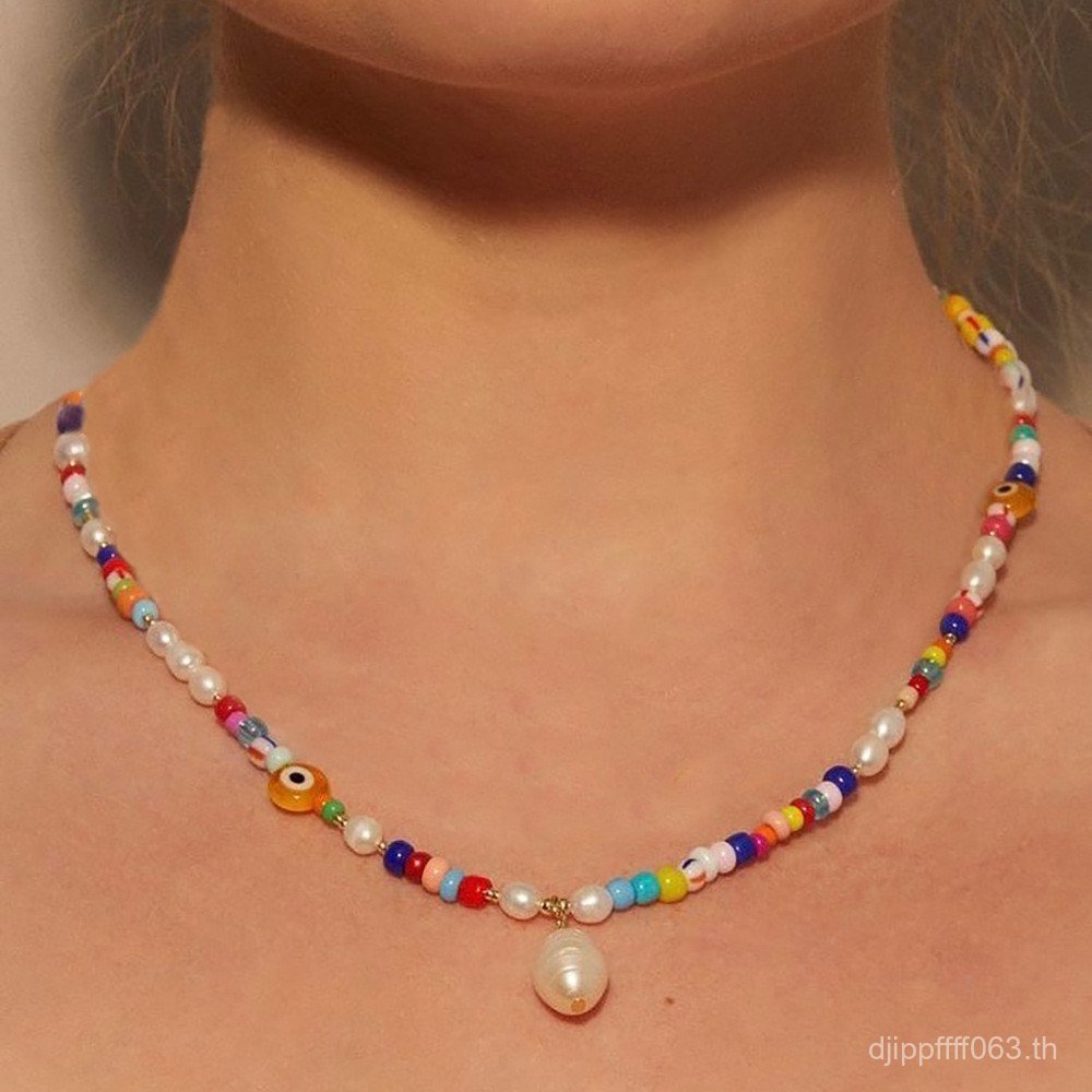 สร้อยคอแก้วน้ำจืด สไตล์ชายหาดโบฮีเมียน มุกธรรมชาติและลูกปัดหลากสี PBD6