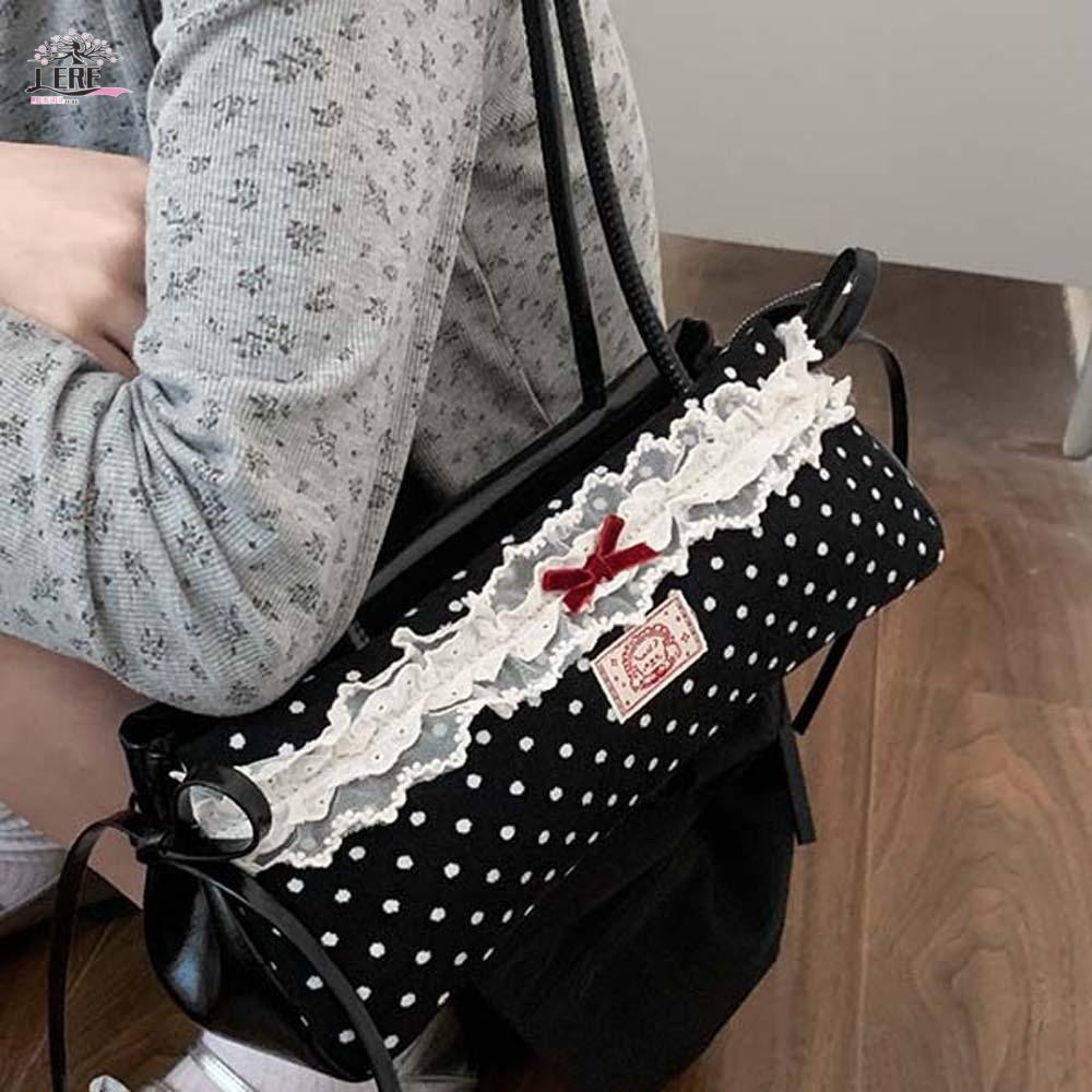 JEREMY1 กระเป๋าถือ French Stick, ลูกไม้ความจุขนาดใหญ่ Polka Dot กระเป๋าใต้วงแขน, แบบพกพาโบว์หวานสไตล์เกาหลีกระเป๋าสะพายไหล่ PU ทุกวัน