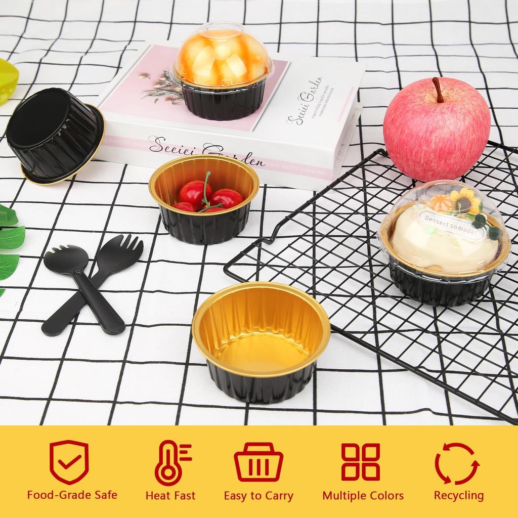 5oz Foil Ramekins with Lids 50 Pack,Free-Air Aluminum Foil Cupcake Liners Muffin Cups,Disposable Muf