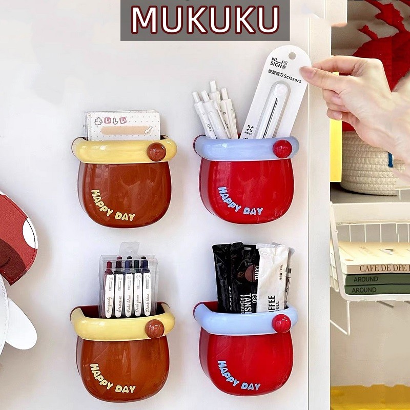 MUKUKU กล่องเก็บของแม่เหล็ก ตู้เย็น สีโดปามีน กล่องน่ารัก แบบติดผนังไม่เจาะ