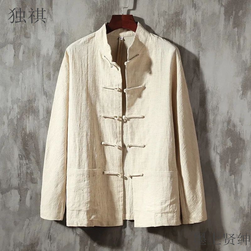 เสื้อเชิ้ตแขนยาวสไตล์จีนสำหรับผู้ชาย ผลิตจากผ้าฝ้ายและผ้าลินิน สวมใส่ง่าย เหมาะสำหรับโอกาสลำลองและสไตล์ย้อนยุค