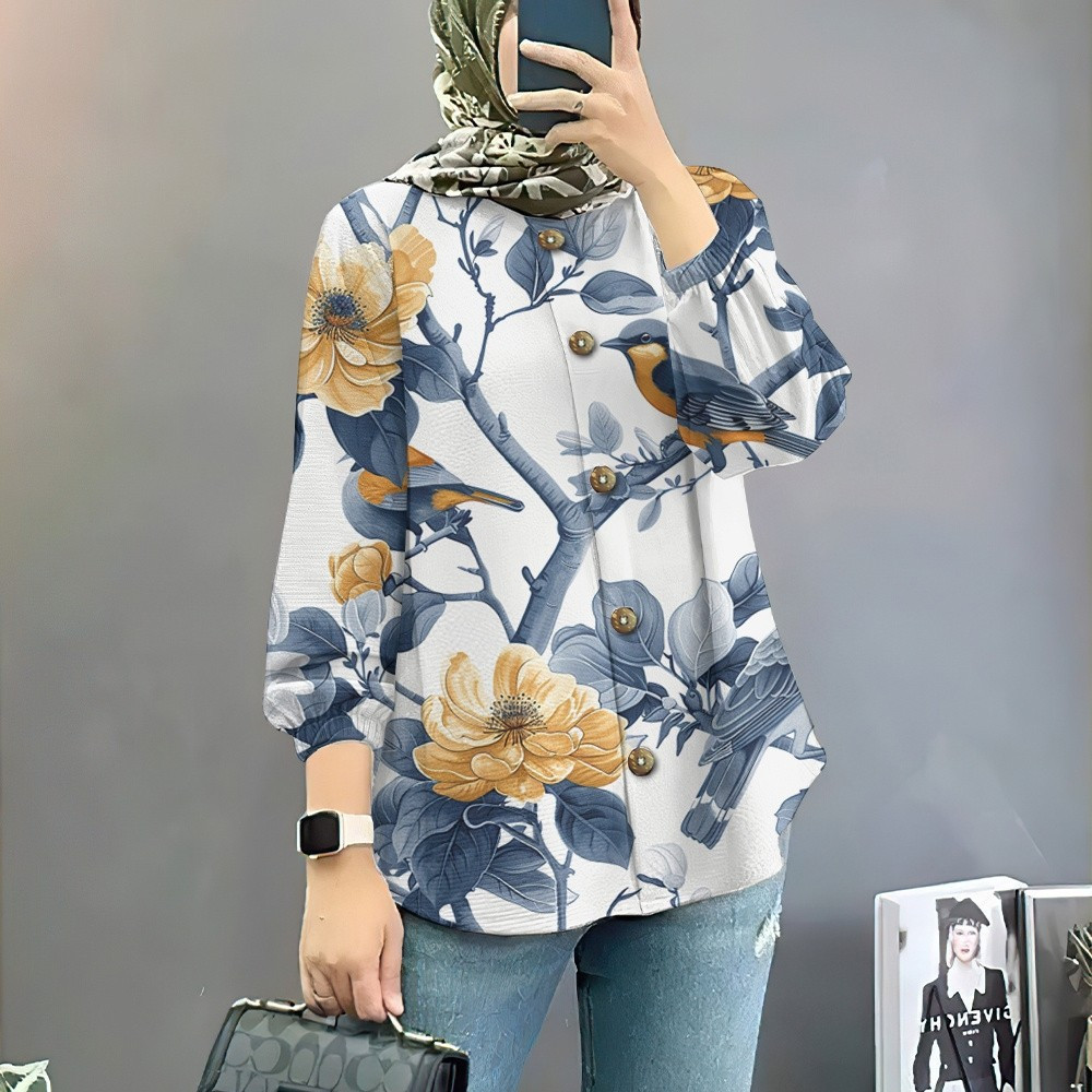Baju Raya เสื้อมุสลิม magpie พิมพ์มุสลิมเสื้อแขนยาว Baju Raya มุสลิม O-คอ raily เสื้อยืดมุสลิมขนาดให
