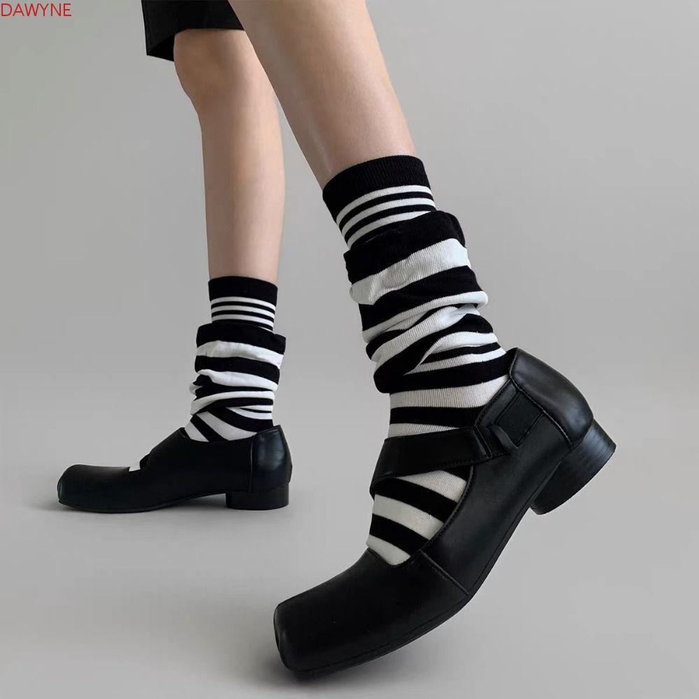 DWAYNE 4 คู่ Ruffle Stripe Stocking, ปลอมสองชิ้นหลวมลายถุงเท้ากอง, หนา Warm Patchwork ยืดหยุ่นผู้หญิ