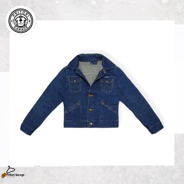 Raw Denim Jeans Trucker Jacket Crop Wrangler สีน้ําเงินเข้มล้างสี