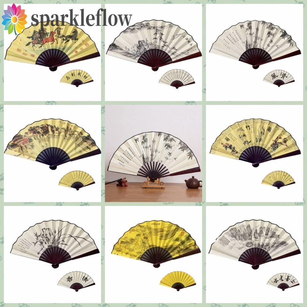 ประกายไฟ พัดลมมือ,ผ้าไหมผ้าภาพวาดจีนแบบดั้งเดิมพัดลมพับเลเซอร์ตกแต่งแกะสลักไม้ไผ่จับสไตล์จีนย้อนยุคพัดลมไม้ไผ่สําหรับฤดูร้อนเต้นรําประจําวัน