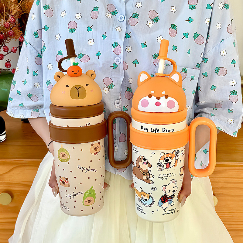ถ้วยน้ําเก็บอุณหภูมิ 2 ชั้น พร้อมหลอด ความจุใหญ่ ลายน้ําแข็งน่ารัก สําหรับนักเรียน