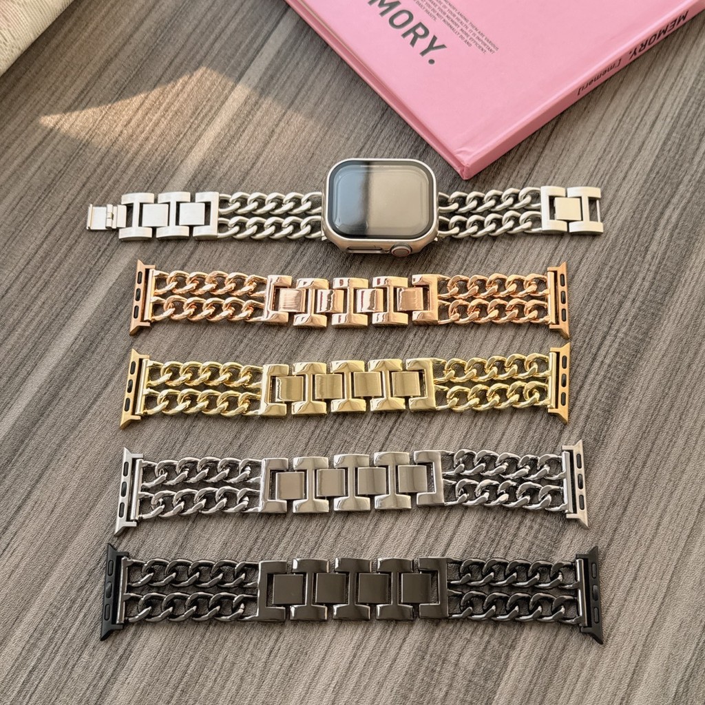 ZMZ สายโซ่คู่ สายนาฬิกาข้อมือ สแตนเลส สําหรับ Smart watch 38/40/41/(S10)42mm 42/44/45/46/49mm