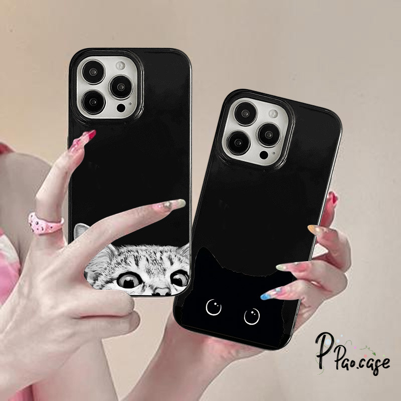 สำหรับ IPhone 16 17 AIR 15 13 11 12 14 Pro Max XR XS X Max 15 16 14 7 8 Plus เคสพื้นผิวมันเงาแมวขาวดำเรียบง่ายตลก