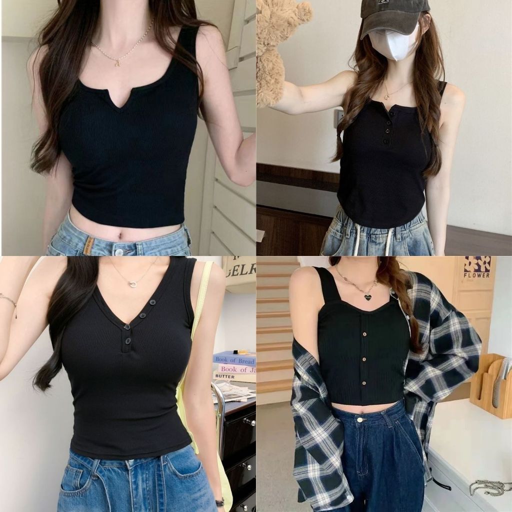 Strawbrary🍓รวมเสื้อสายเดี่ยวสีดำ อก28-36 มีฟองน้ำ กระดุม คอวี ตัวยาว ผ้านุ่ม ใส่สบาย สไตล์เกาหลี ผู้หญิง เสื้อผ้า
