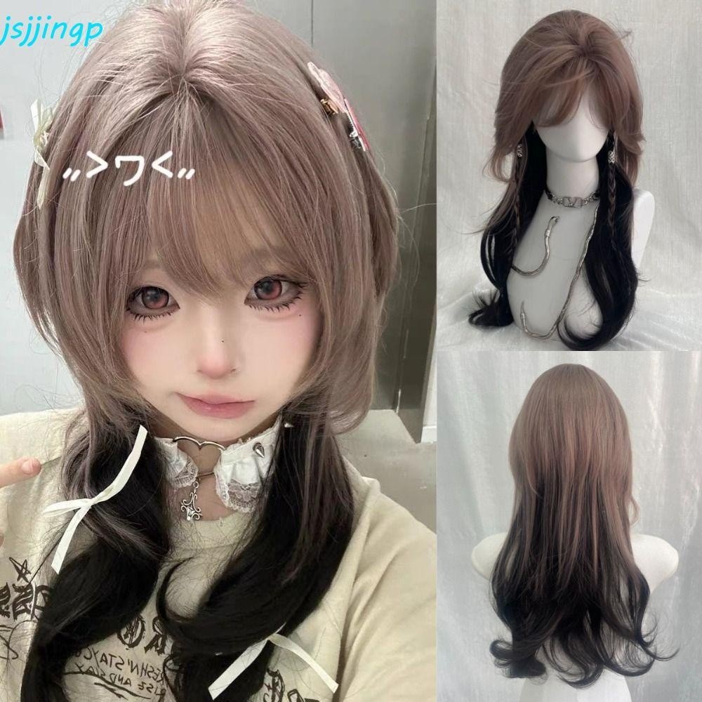Thin Synthetic Wig High-Layered Beige Brown And Black Color Wolf Tail Mullet Easy To Wear For Cospla