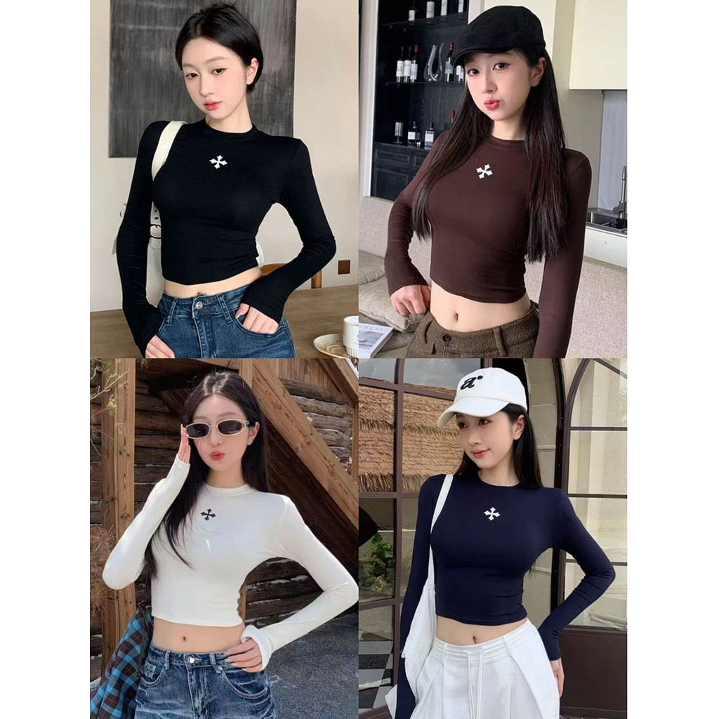 🍄Mary🍄เสื้อแขนยาวคอกลม สีพื้นยืดพอดีตัว เข้ารูป เสื้อแฟชั่น สไตล์เกาหลี ใส่สบาย พร้อมจัดส่ง