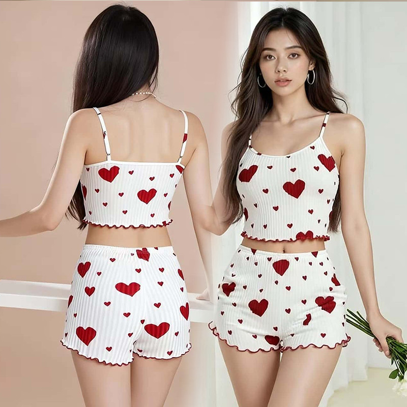 sexy pajamas🤍🩷เซตชุดนอน เสื้อกล้าม + กางเกงขาสั้น ชุดนอน 2 ชิ้น ลายหัวใจ โค้งคำนับ ผ้าใส่สบาย