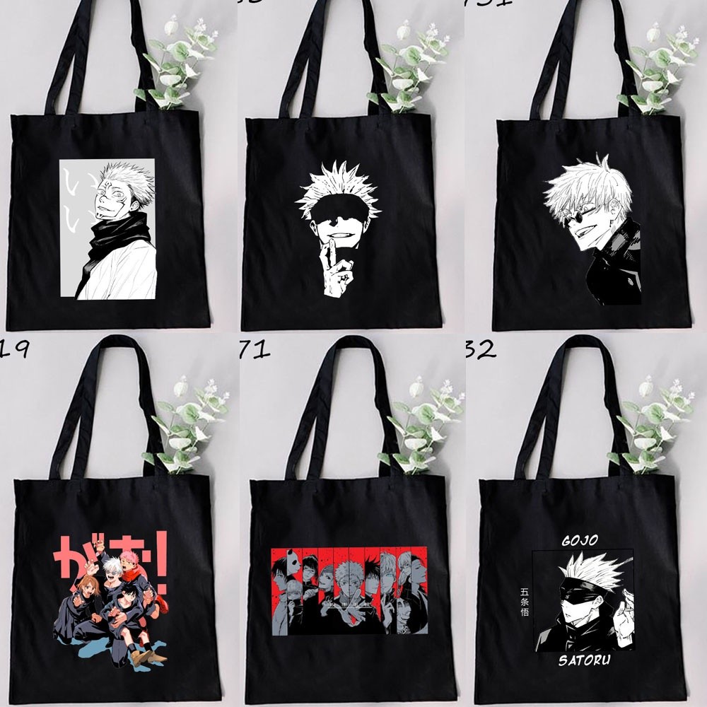 OD8 อะนิเมะ makanan laut ajaibJujutsu Kaisen อะนิเมะสีดํา Harajuku/ผ้าใบกระเป๋าแฟชั่นกระเป๋าสะพายผู้