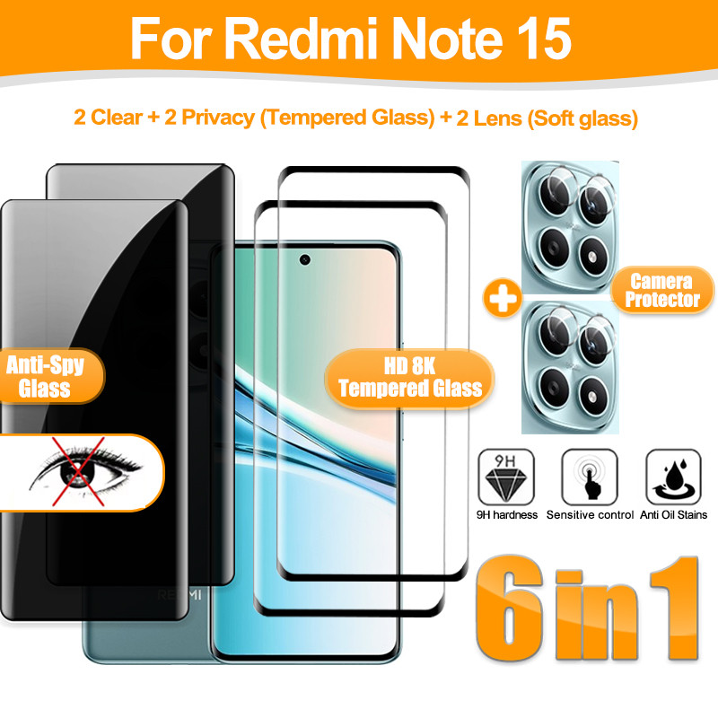 6 IN 1 ฟิล์ม Redmi Note 15 Pro+ กระจกนิรภัย ฟิล์มโปร่งใส+กันคนมอง สำหรับ Redmi Note 15 Pro Plus 14 Pro Plus ฟิล์มกระจก ฟิล์มกันรอยหน้าจอ & ฟิล์มกันรอยกล้อง